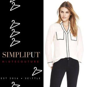 Express Original Fit Ivory Contrast Piping Portofino Blouse Roll Tab Sleeves Med